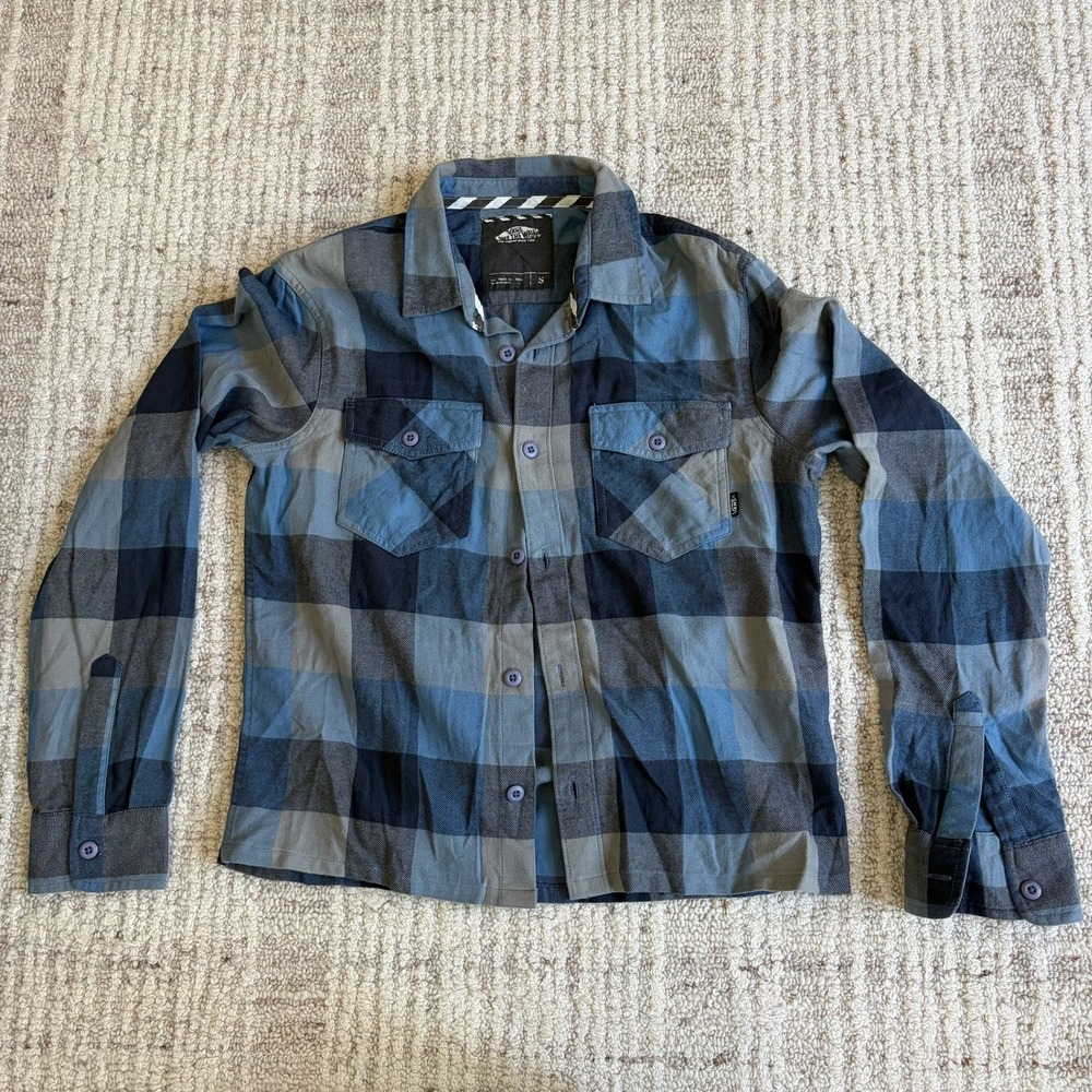 Vans Off The Wall Mens Small Blue Grey Plaid Flannel Button Up Shirt Long Sleeve